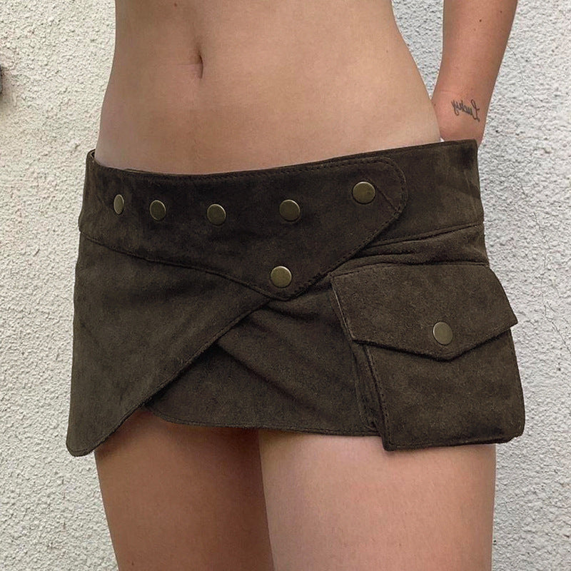 Damen modischer Kurzrock mit funktionalen Taschen und Knopfdetails Drune