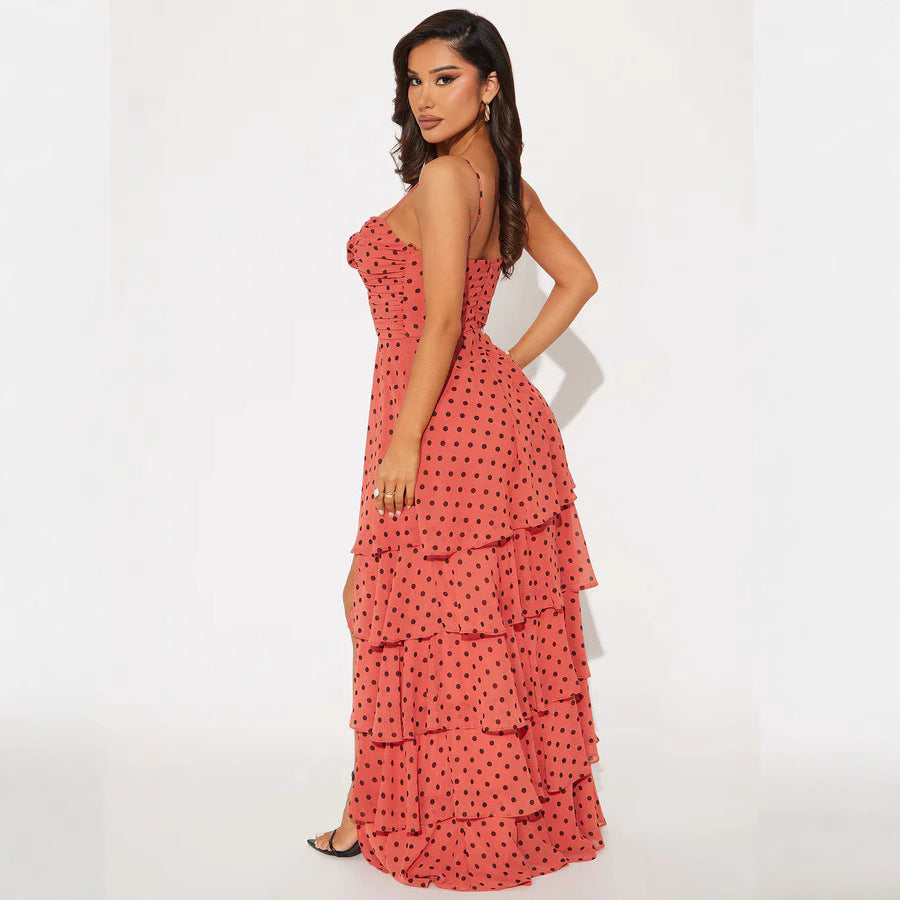 Damen Verspieltes Polka-Dots Maxikleid mit asymmetrischem Rock und floralen Akzenten Drune