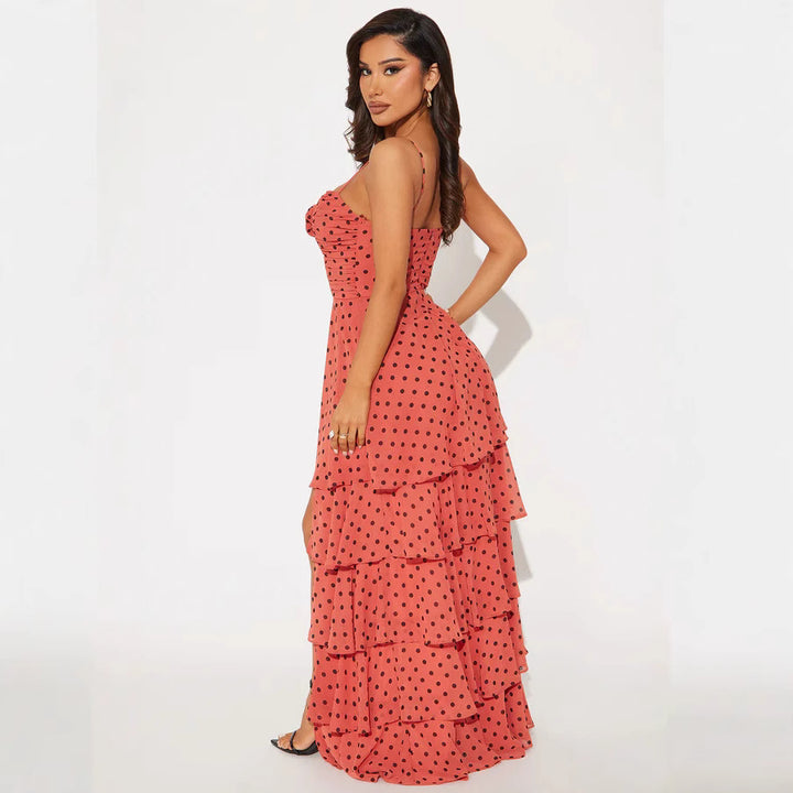 Damen Verspieltes Polka-Dots Maxikleid mit asymmetrischem Rock und floralen Akzenten Drune