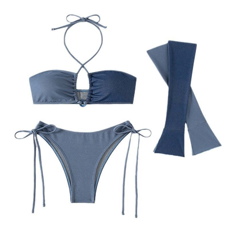 Damen Bandeau-Bikini-Set mit asymmetrischen Ärmeln und verstellbaren Trägern Drune