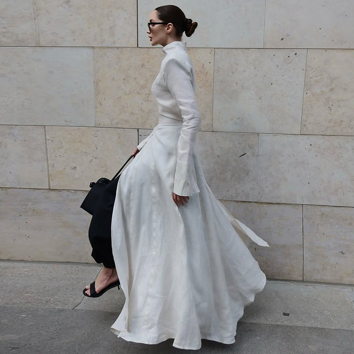 Damen elegantes Maxikleid mit hochgeschlossenem Kragen und asymmetrischem Farbdesign Drune