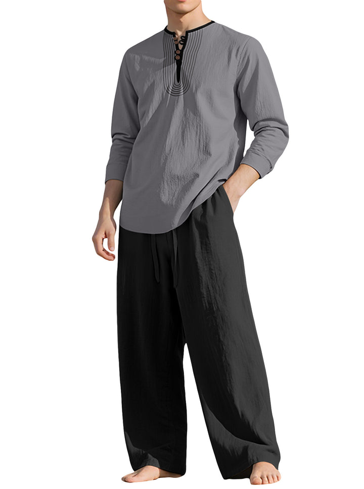 Herren nan Tunika- und Palazzohose-Set mit Henley-Blende, Zierstickerei und weitem Schnitt Drune