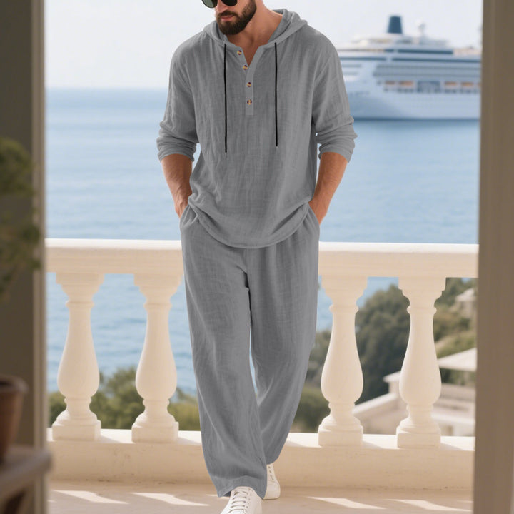 Herren lässiges Leinen-Hoodie-Set mit praktischen Taschen und entspannter Passform Drune