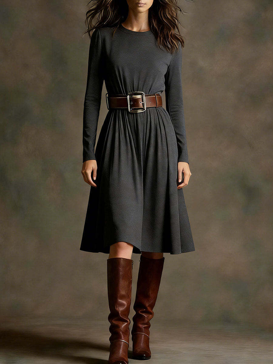 Damen Elegantes Kleid mit langem Arm und Taillengürtel Drune