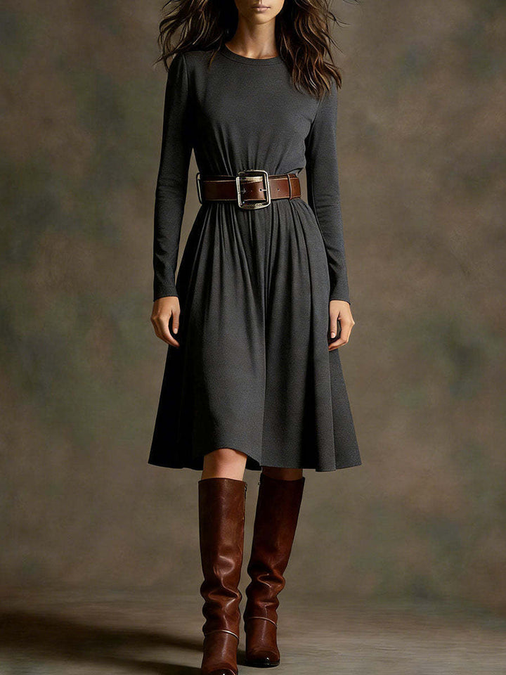 Damen Elegantes Kleid mit langem Arm und Taillengürtel Drune