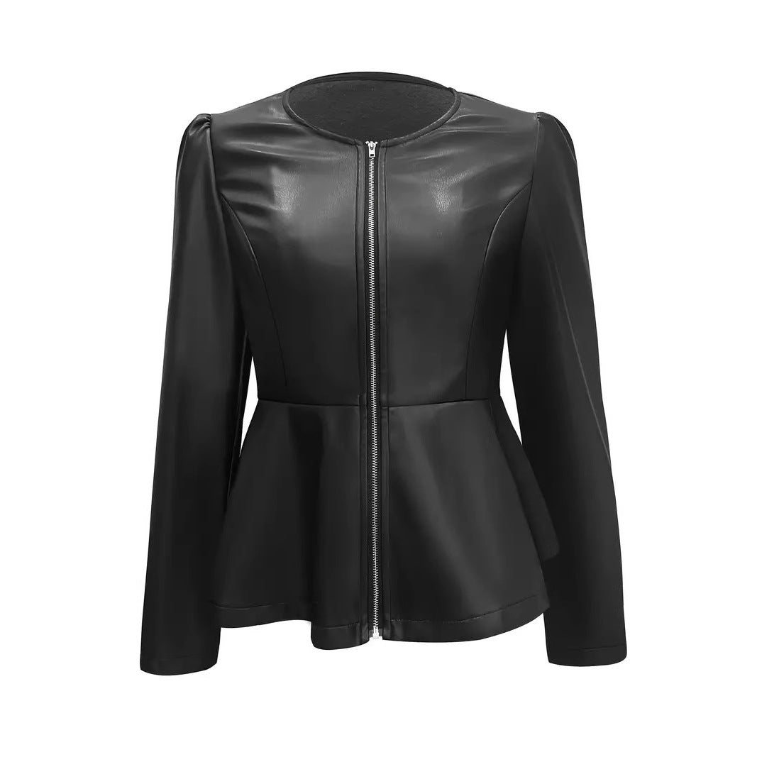 Damen Kunstlederjacke mit elliptischem Schnitt und Puffärmeln Drune
