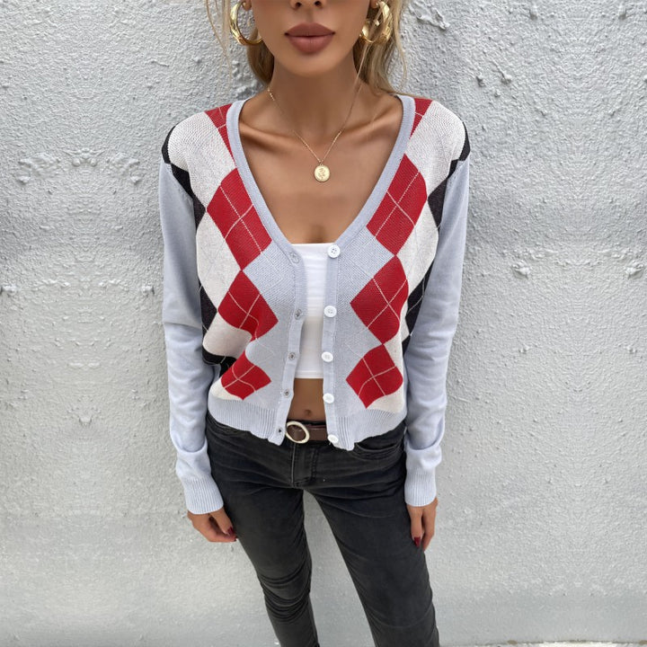 Damen modischer Strickcardigan mit Rautenmuster und Knöpfen Drune