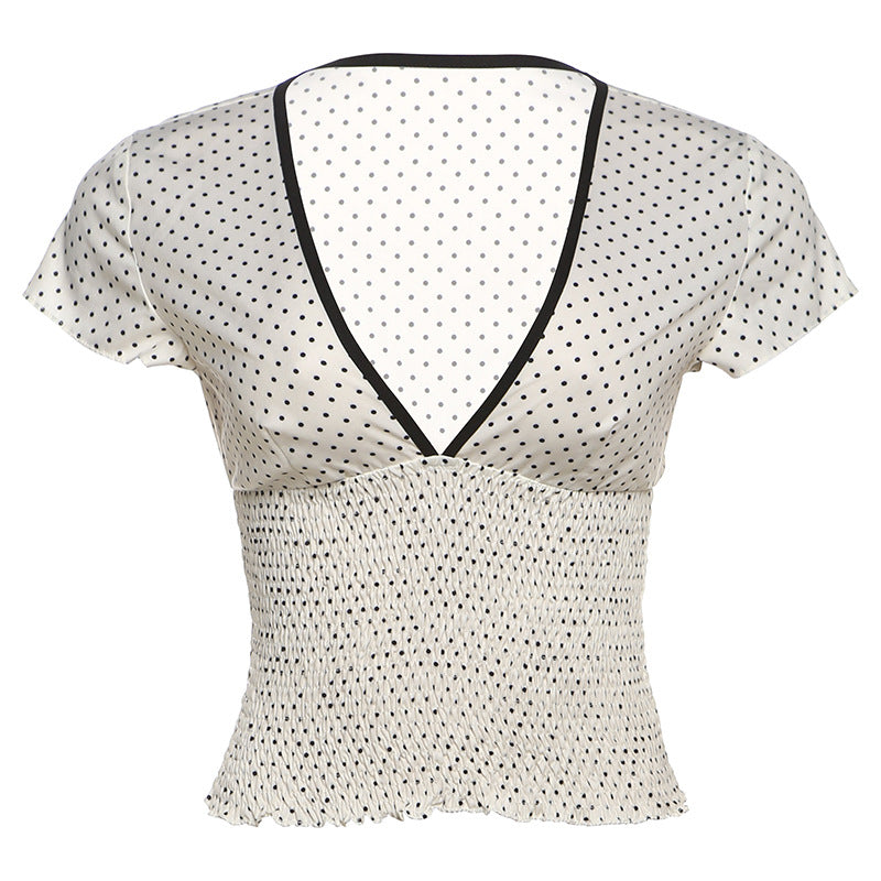 Damen Elegantes V-Ausschnitt Oberteil mit Rüschen und Punkten Drune