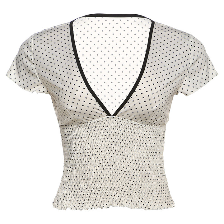 Damen Elegantes V-Ausschnitt Oberteil mit Rüschen und Punkten Drune