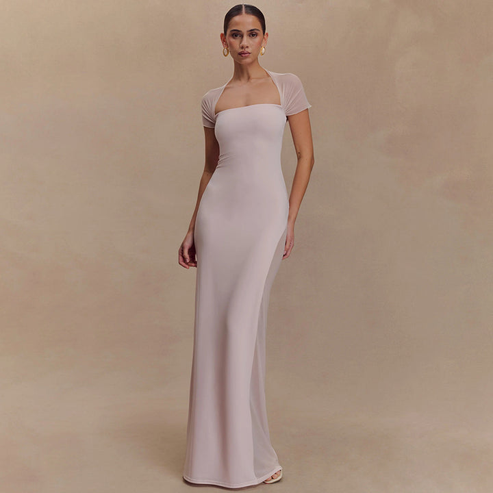 Damen elegantes Maxikleid mit schulterfreier Raffungen Drune