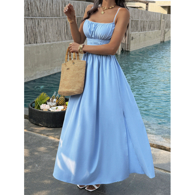 Damen Elegantes Maxikleid mit verstellbaren Spaghettiträgern und seitlichem Schlitz Drune