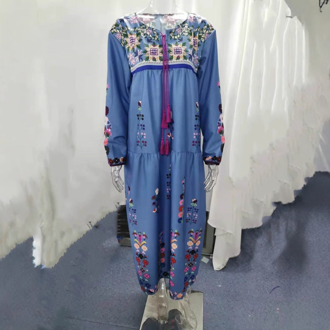 Damen nan besticktes Maxikleid mit langen Ärmeln, Quastenverschluss und folkloristischer Stickerei Drune