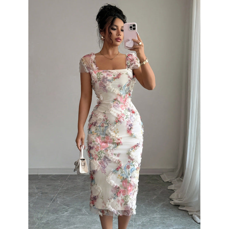 Damen Midikleid mit floralem Muster und zarter Rüschendetails Drune