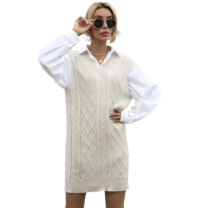 Damen Strickkleid mit V-Ausschnitt und dekorativem Gürtel Drune