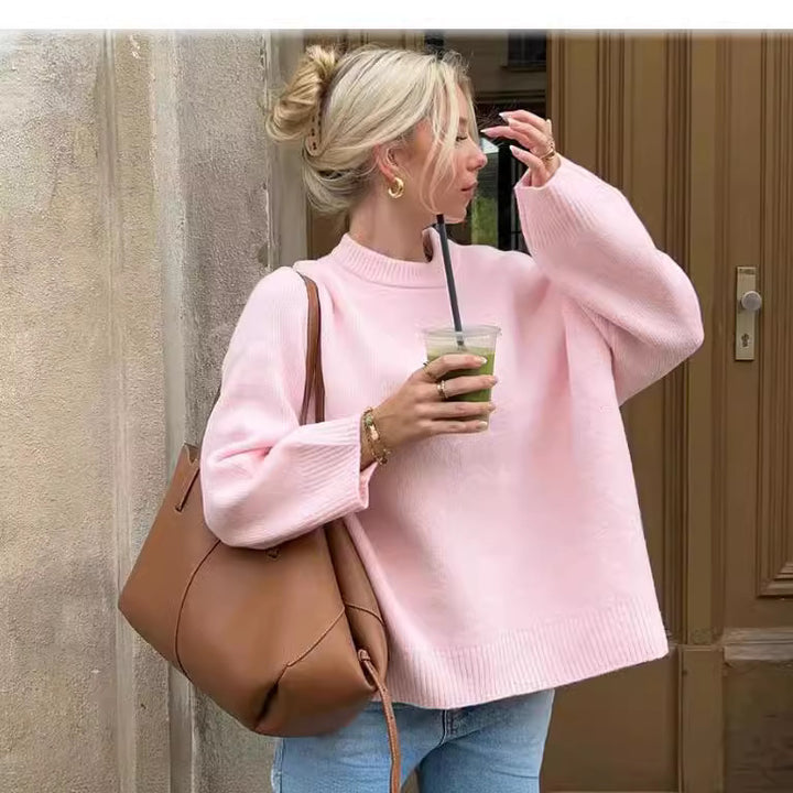 Damen grob gestrickter Pullover mit weiten Ärmeln und Rundhalsausschnitt Drune