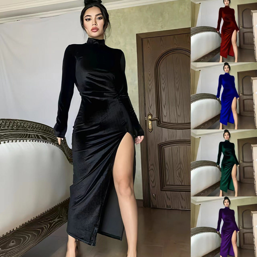 Damen Elegantes Langarm-Wickelkleid aus weichem Veloursstoff mit hohem Schlitz Drune
