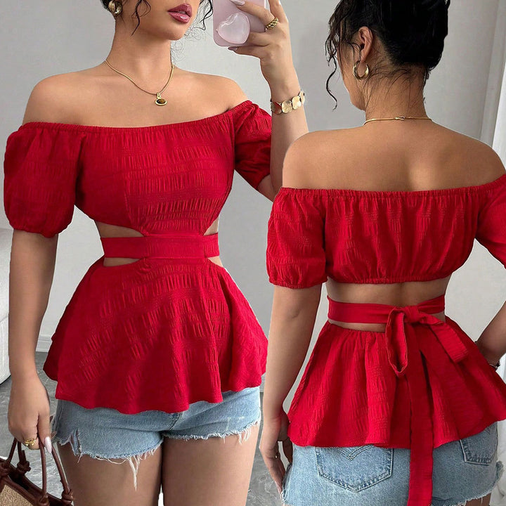 Damen Off-Shoulder Bluse mit rüschigem Saum und seitlichen Cut-Outs Drune
