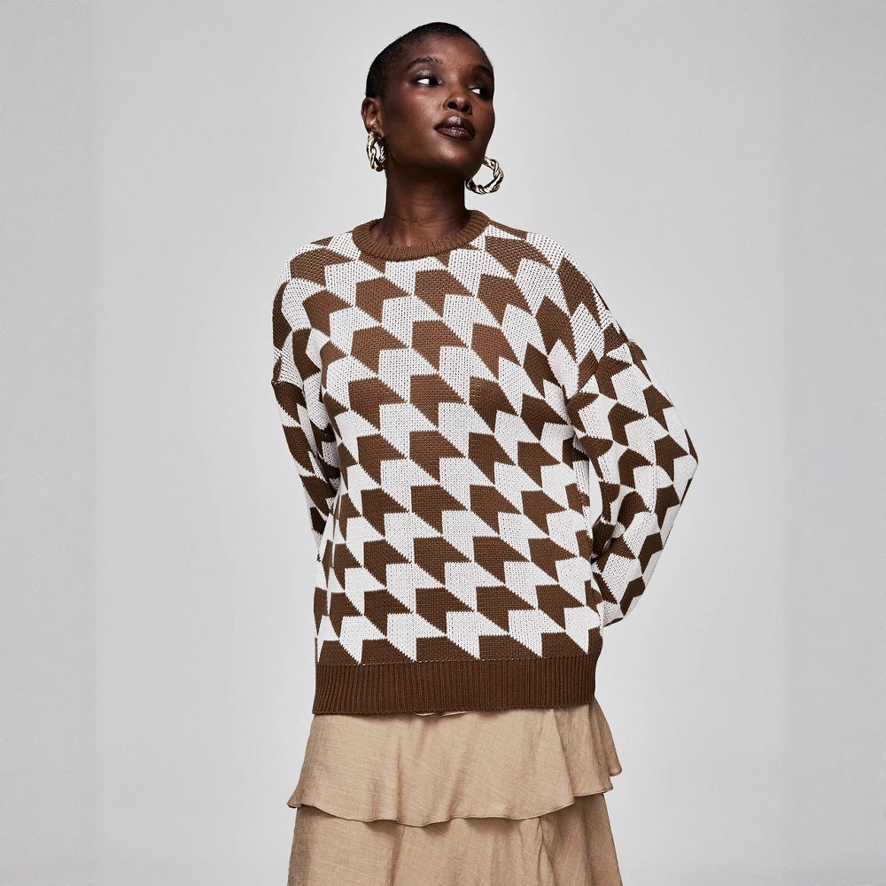 Damen geometrischer Strickpullover mit lässigem Schnitt und trendigen Trompetenärmeln Drune