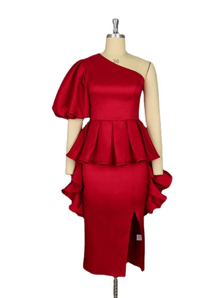 Damen Abendkleid mit asymmetrischem Saum und voluminösen Rüschendetails Drune