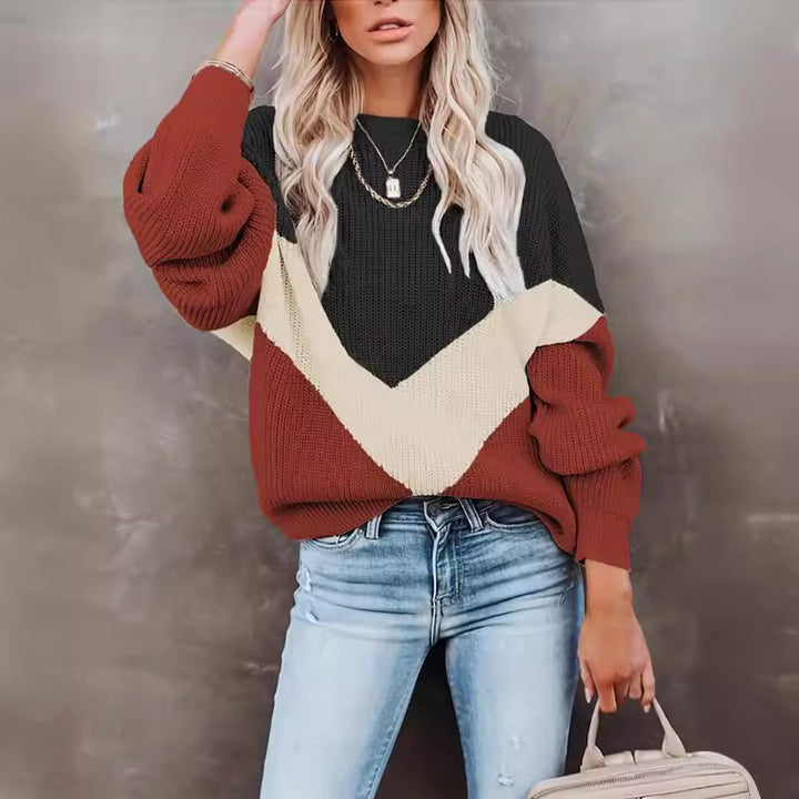 Damen Casual Blockstreifen Pullover mit voluminösen Ärmeln Drune
