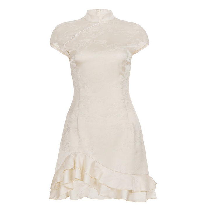 Damen elegant geschnittenes Chiffon-Kleid mit Rüschenkante Drune