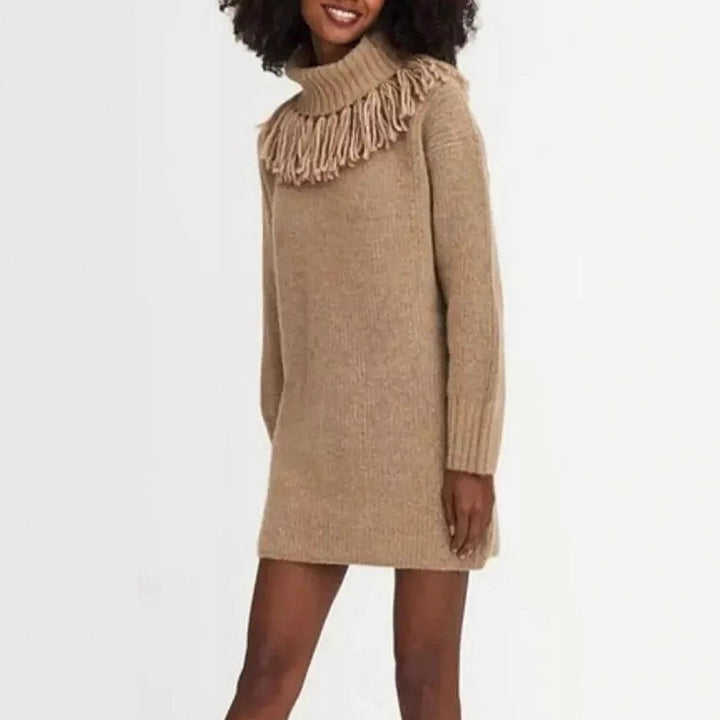 Damen Strickkleid mit hohem Rollkragen und modischen Fransen Drune