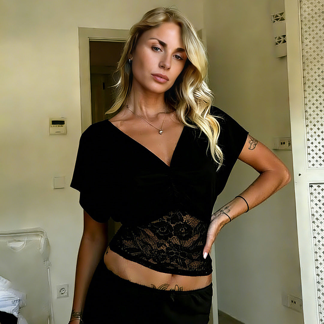 Damen elegantes Oberteil mit Spitze und Raffung Drune