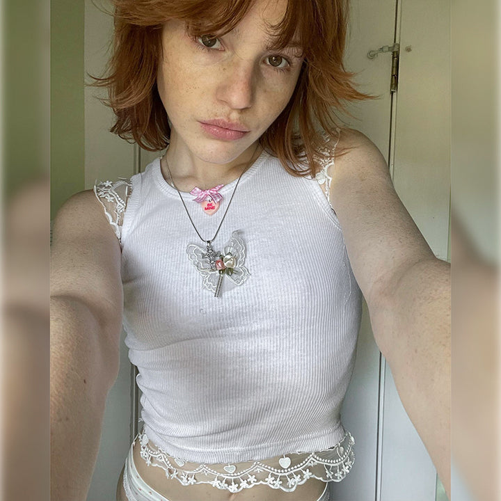 Damen zartes Crop-Top mit romantischer Spitzenkante Drune