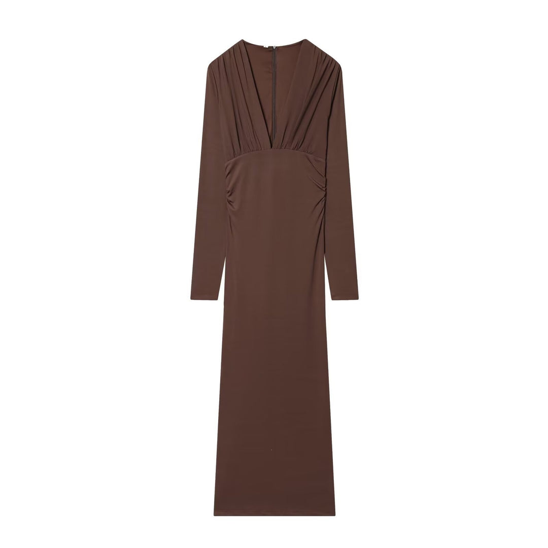 Damen Maxikleid mit tiefem V-Ausschnitt und drapierten Details Drune