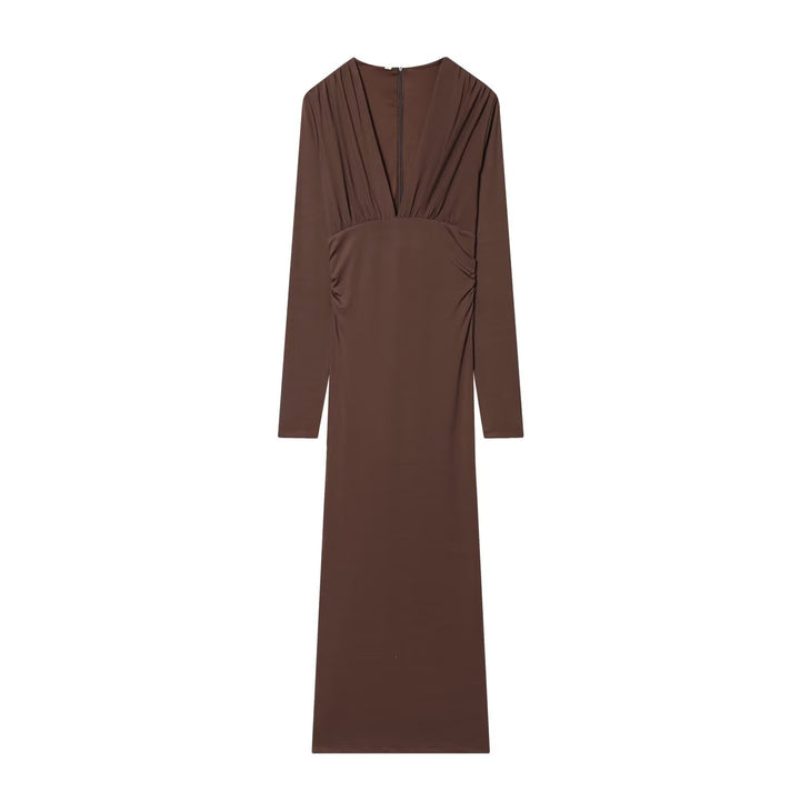 Damen Maxikleid mit tiefem V-Ausschnitt und drapierten Details Drune