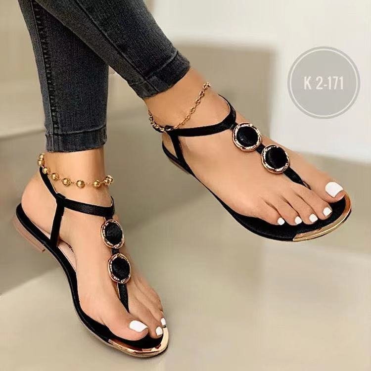 Damen nan elegante T-Steg-Sandale mit mehrteiliger Medaillon-Applikation und verstellbarem Knöchelriemen Drune