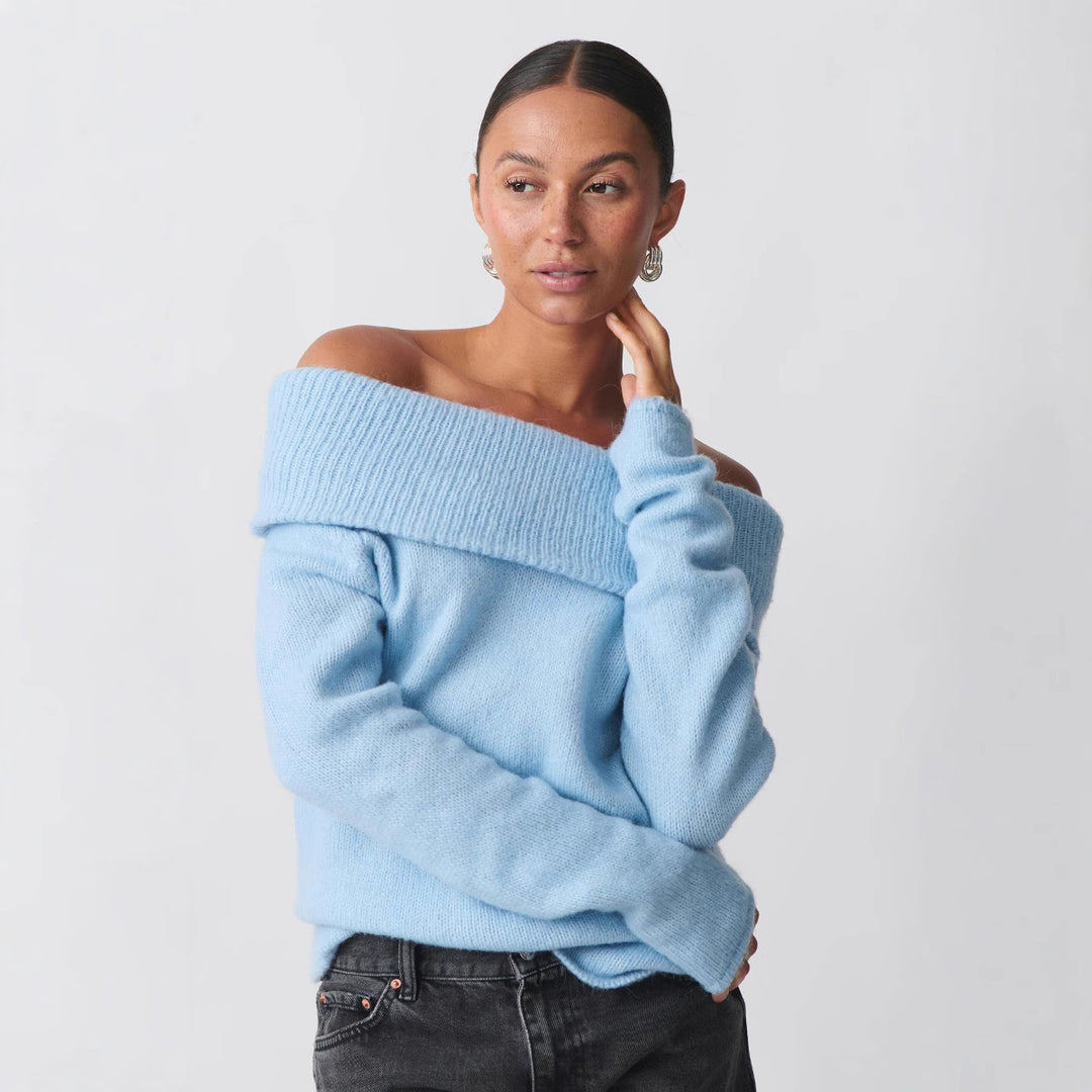 Damen nan Off-Shoulder Grobstrickpullover mit breitem Umschlagkragen und lässiger Oversize-Passform Drune
