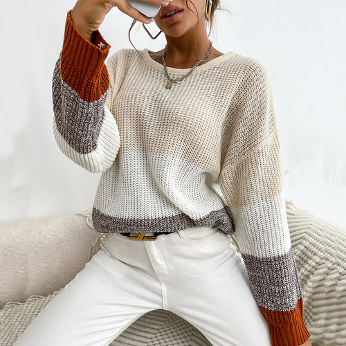 Damen lässiger Strickpullover mit modischen Blockstreifen Drune