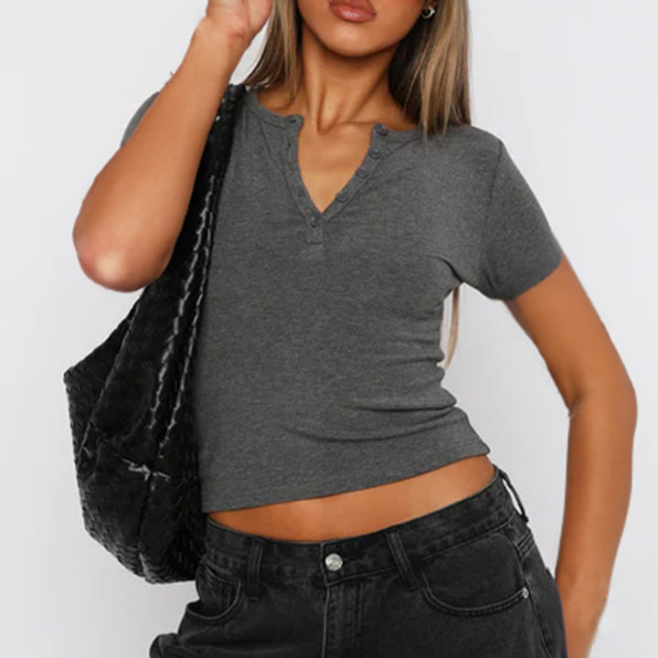 Damen figurbetontes Cropped T-Shirt mit kurzem Arm und Knopfleiste Drune