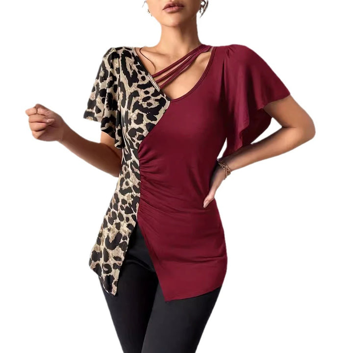 Damen nan asymmetrische Stretch-Tunika mit Leopardenprint-Seiteneinsatz und Mehrfachträgern Drune