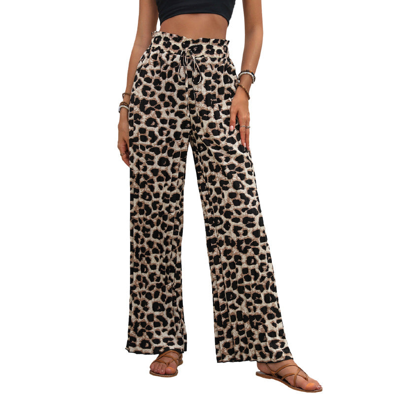 Damen Weit geschnittene Leinenhose mit elastischem Bund und trendigem Leopardenmuster Drune
