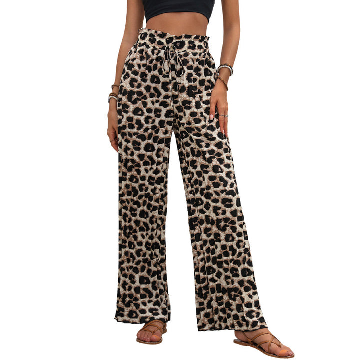 Damen Weit geschnittene Leinenhose mit elastischem Bund und trendigem Leopardenmuster Drune