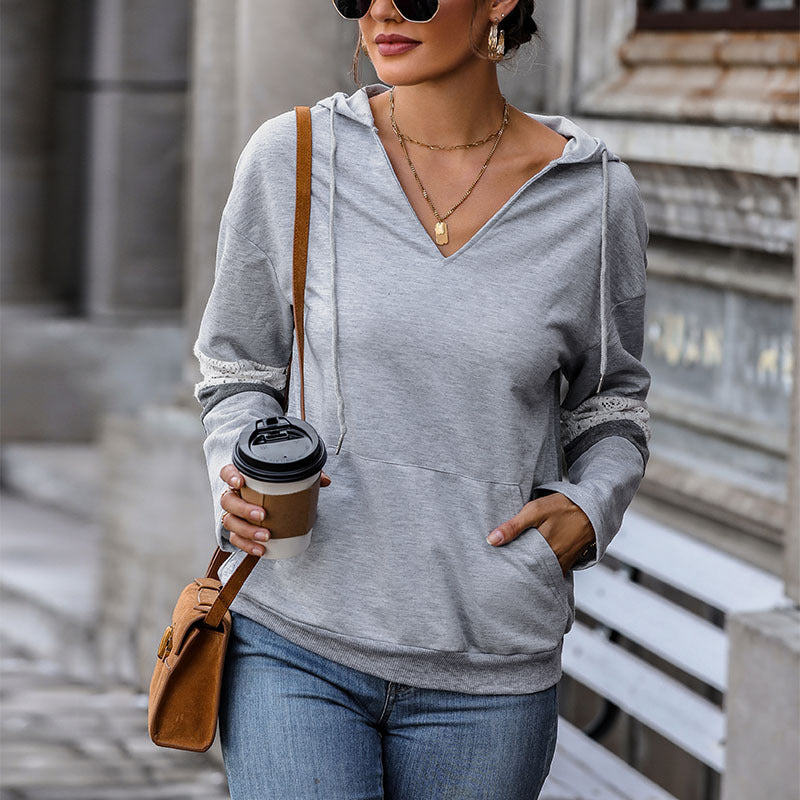 Damen lässiger Hoodie mit elegantem V-Ausschnitt und modischen Kontrastdetails Drune