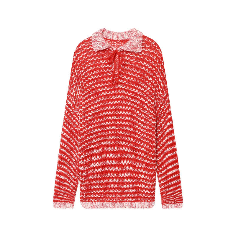 Damen lässiger Strickpullover mit modischem Kragen und Rüschendetail Drune