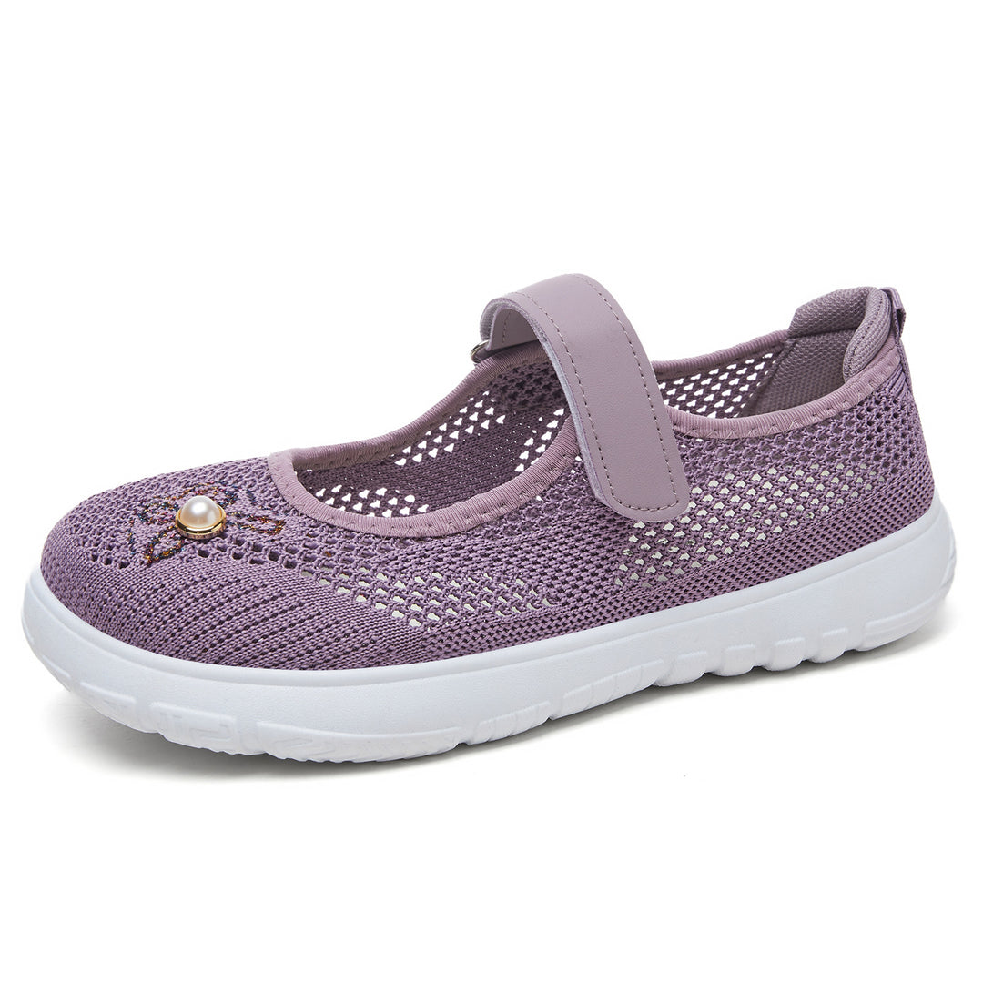 Damen nan gestrickter Mary-Jane-Sneaker mit Klettriemen, atmungsaktivem Strickoberteil, dekorativer Perlenapplikation und dämpfender EVA-Sohle Drune