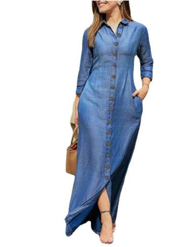 Damen Langarm-Maxikleid mit Knopfleiste und seitlichen Taschen Drune