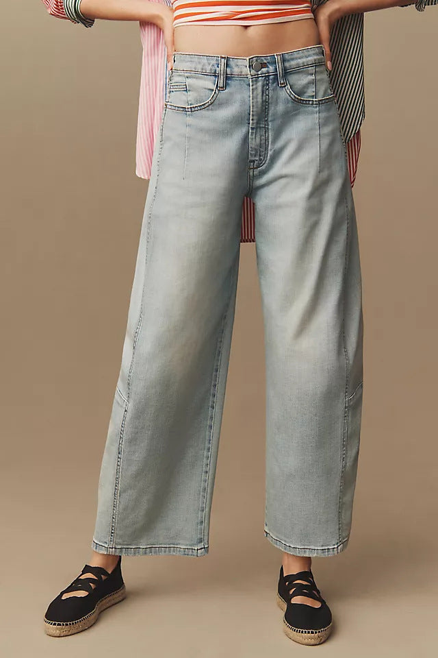 Damen nan hochgeschnittene weite Culotte-Jeans mit verkürzter Länge und dekorativen Nahtdetails Drune