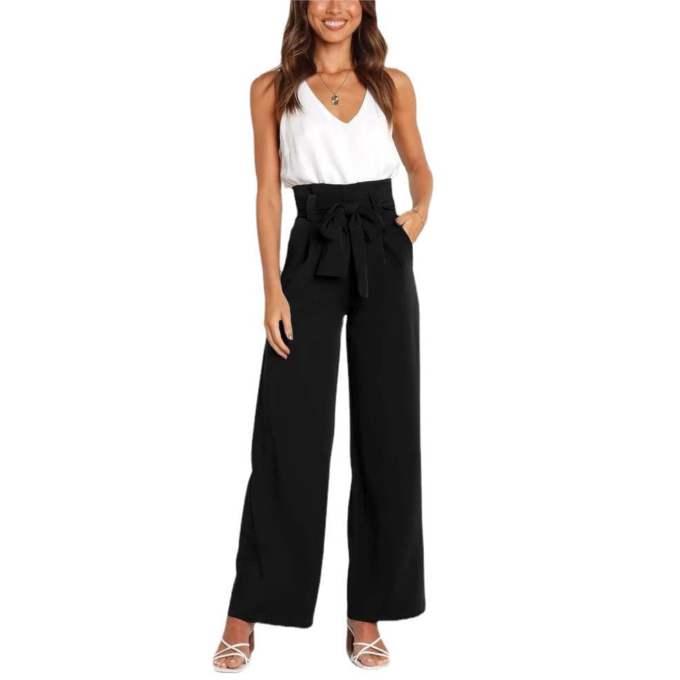 Damen Weit geschnittene High-Waist-Hose mit Binde-Gürtel und Taschen Drune