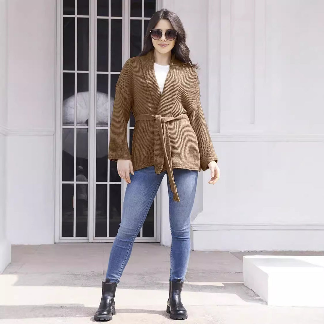 Damen Gemütlicher Strickcardigan mit Taillengürtel und weitem Schnitt Drune