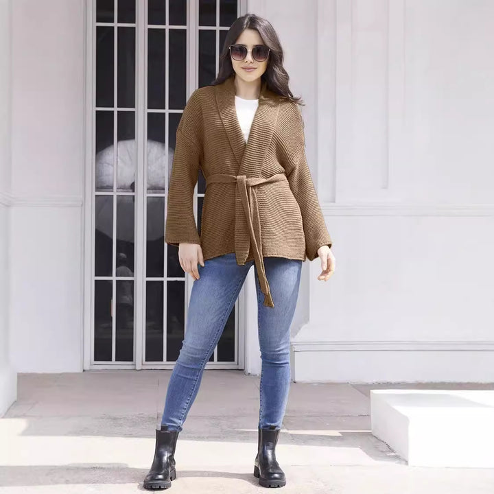 Damen Gemütlicher Strickcardigan mit Taillengürtel und weitem Schnitt Drune