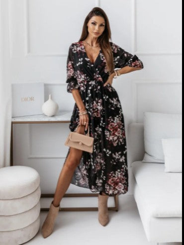 Drune | Kurzarm Split Chiffon Bedrucktes Maxikleid