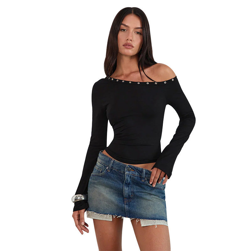 Damen Off-Shoulder Oberteil mit modischen Knöpfen und figurbetontem Schnitt Drune