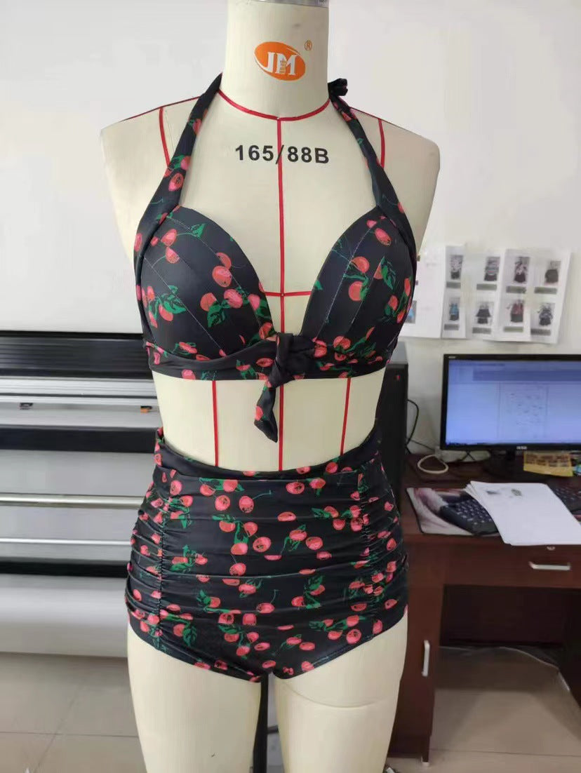 Damen Hoch tailliertes Bikini-Set mit floralem Design und Raffungen Drune