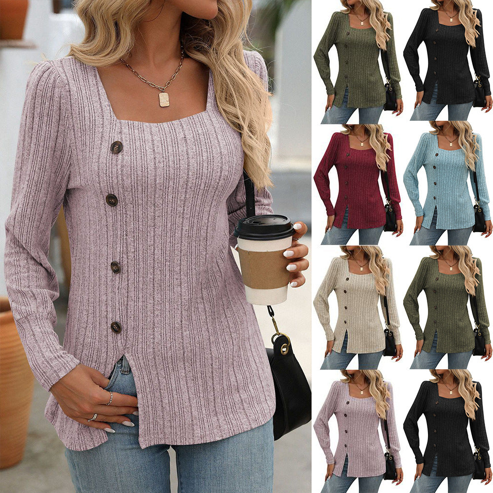 Damen Strickoberteil mit quadratischem Ausschnitt und Knopfdetails Drune