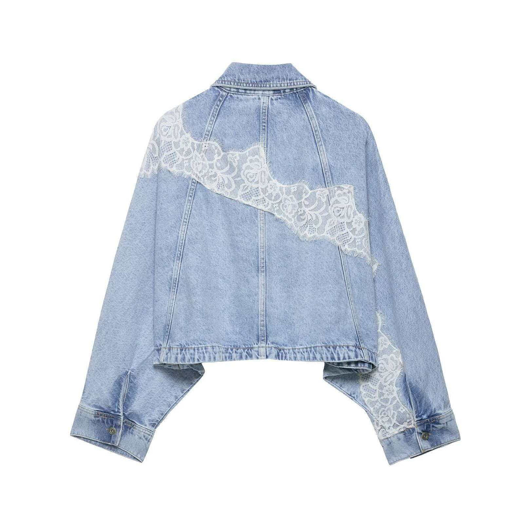 Damen nan oversized Denimjacke mit Spitzenbesatz, kastigem Cropped-Schnitt und überschnittenen Ärmeln Drune